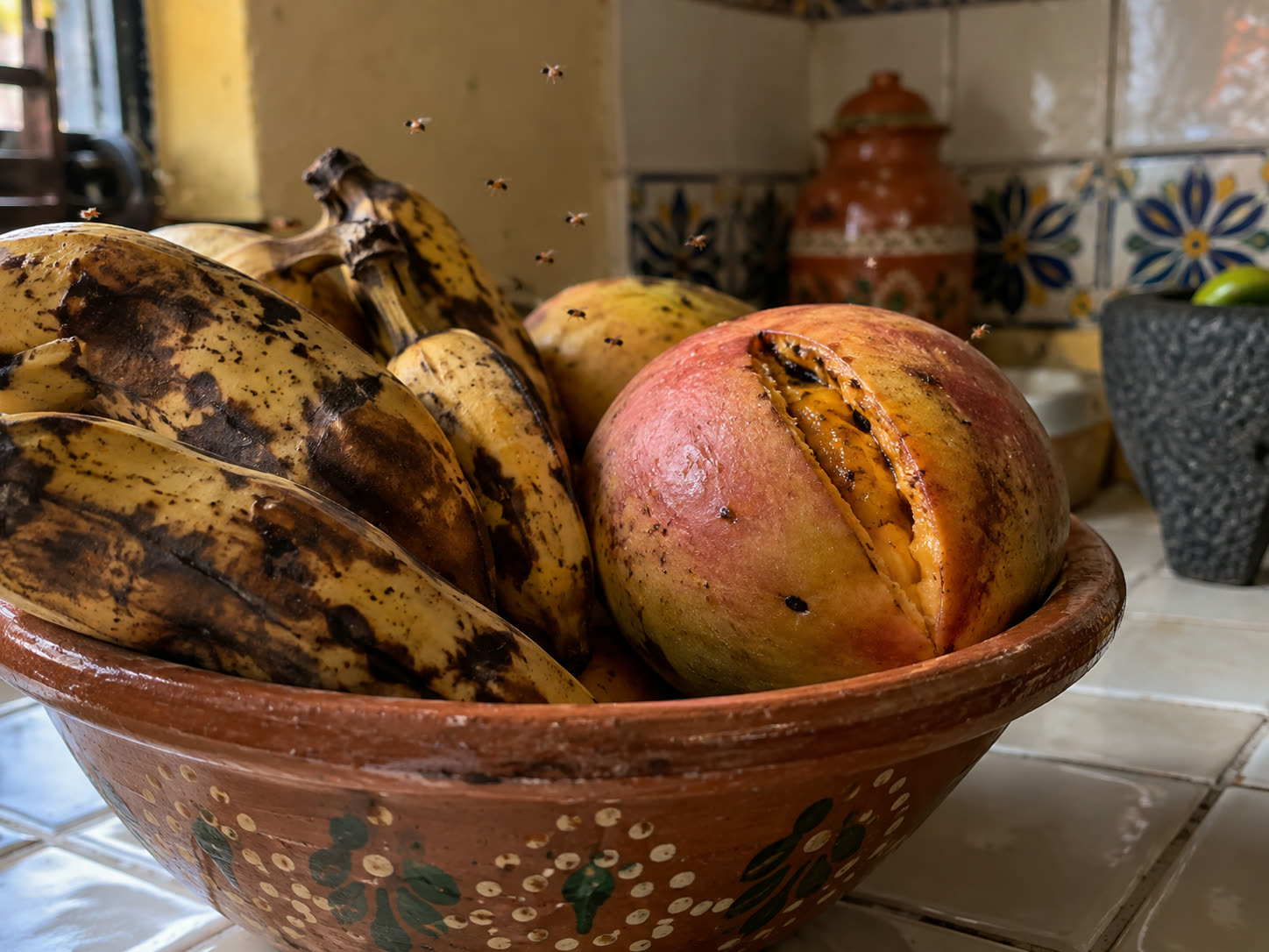 Frutero con plátanos muy maduros y mosquitas de la fruta
