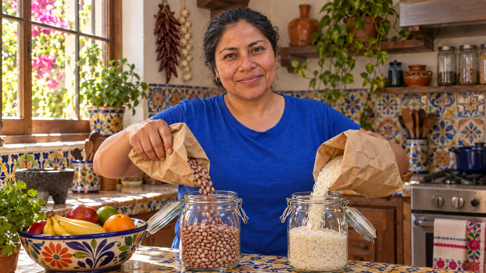 Marisol guardando frijol y arroz en frascos de vidrio con tapa