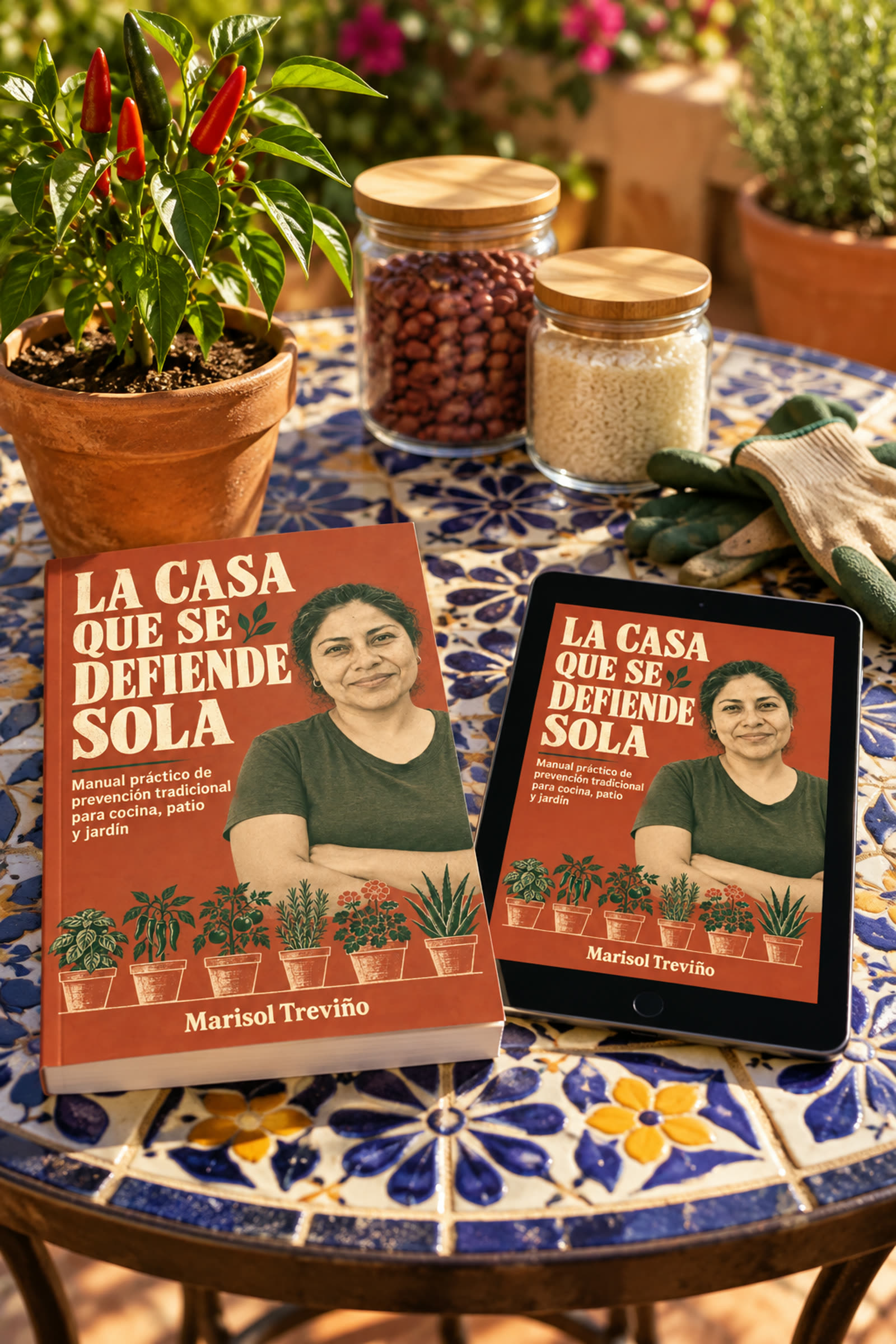 Libro La Casa que se Defiende Sola y tableta sobre una mesa de talavera