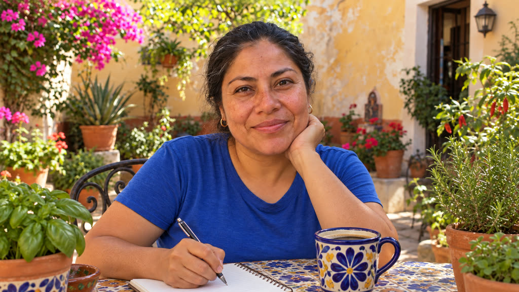 Marisol Treviño en su patio con una libreta y una taza de café
